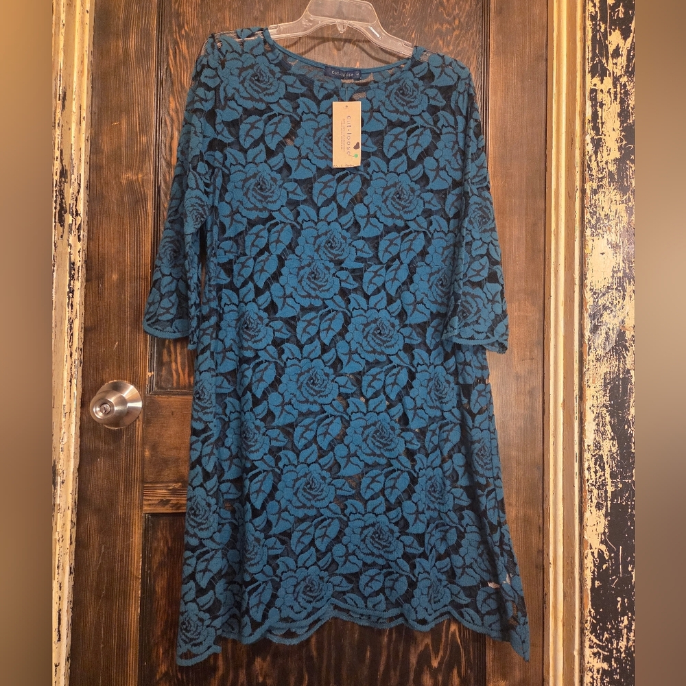NWT *FLAWED* Cut Loose Dark Teal Blue Lace Floral Long Sleeve Dress Sz L
